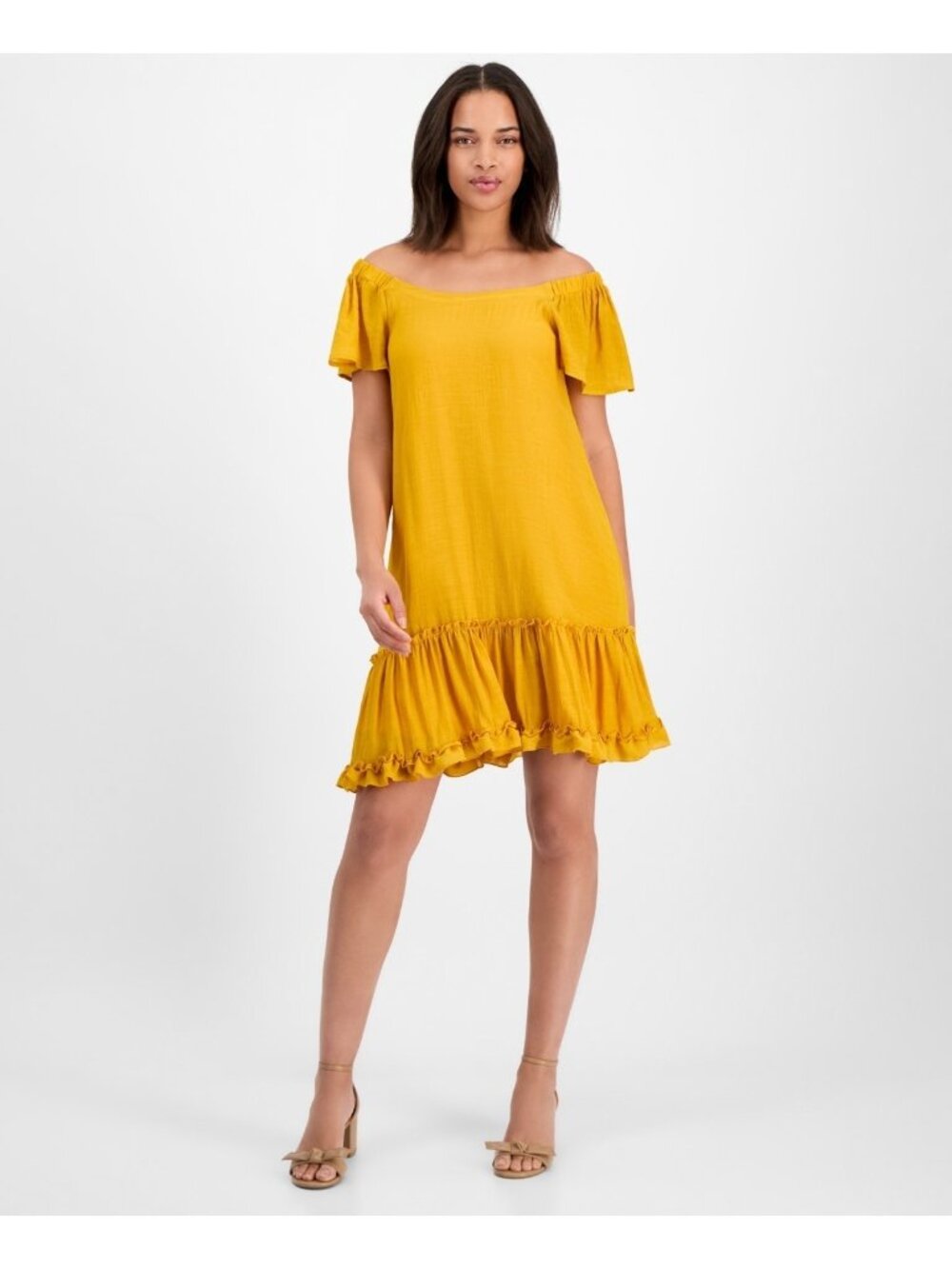 Robbie Bee On-Off Shoulder Flutter-Sleeve Mini Dress Mustard Yellow Size M $69